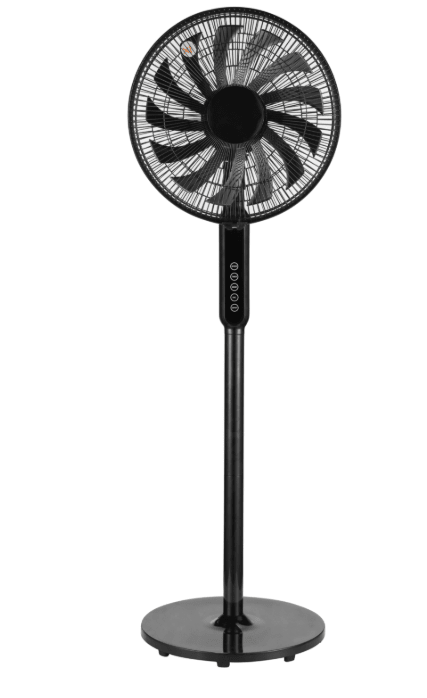 Avant Ventilateur sur pied ABRILA White Whirlwind, 3 vitesses, 60 W, 13 pales, blanc/noir, affichage oscillant, télécommande, minuterie. Moteur à courant alternatif avec télécommande et minuterie de 1 à 12 heures incluses. Base ronde pour une meilleure stabilité. Hauteur réglable sur trois dimensions : 68/98/125 x 41 x 41 cm.