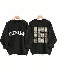 [Olive Green Sweatshirt] Soft Olive Green Crewneck Sweatshirt |       PICKLES Letter Print & Pickle Jar Graphic - Mid-Stretch Fabric, Machine Washable - 黑色 - 查看 10