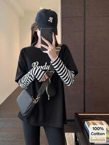 Women's 2-In-1 Faux Layered Long Sleeve T-Shirt With Letter Print, Loose Fit Autumn Top - Black - View 2