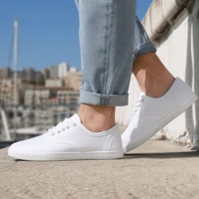 أحذية كاجوال من القماش الأبيض للرجال، أحذية مشي مريحة خفيفة الوزن قابلة للتنفس ومقاومة للانزلاق، تصميم مسطح برباط وأصبع مستدير بلون موحد، أسلوب أساسي بسيط متعدد الاستخدامات لجميع الفصول، مناسبة للتنقل اليومي والعمل والعودة إلى المدرسة - أبيض - مشاهدة 7