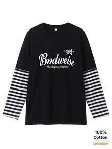Women's 2-In-1 Faux Layered Long Sleeve T-Shirt With Letter Print, Loose Fit Autumn Top - Black - View 5