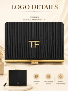 Tom Ford TF Black Vertical Stripe Gold-Trimmed Lipstick Pouch, 10.5*10.5cm, With Wrist Strap And Built-In Storage Slot, Perfect For Carrying Lipstick Or As A Delicate Gift - Black - View 7