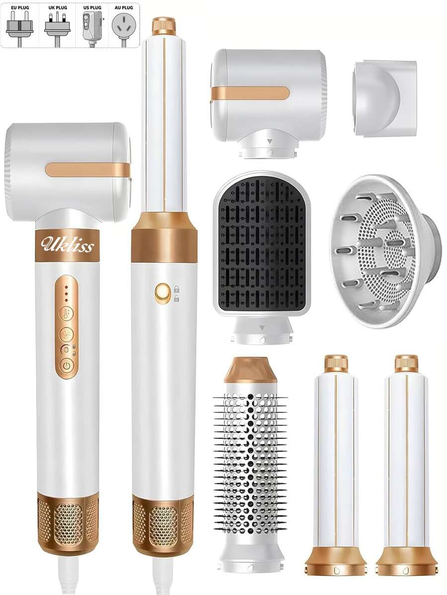 UKLISS 2億負離子高速7合1熱風梳造型組，含自動捲髮器與直髮蓬鬆熱梳，家用與旅行美髮造型，110K RPM 轉速，7款可替換刷頭，沙龍級居家旅行美髮造型工具禮盒，適合所有髮質與髮型，完美適合作為母親節、情人節、聖誕節禮物盒