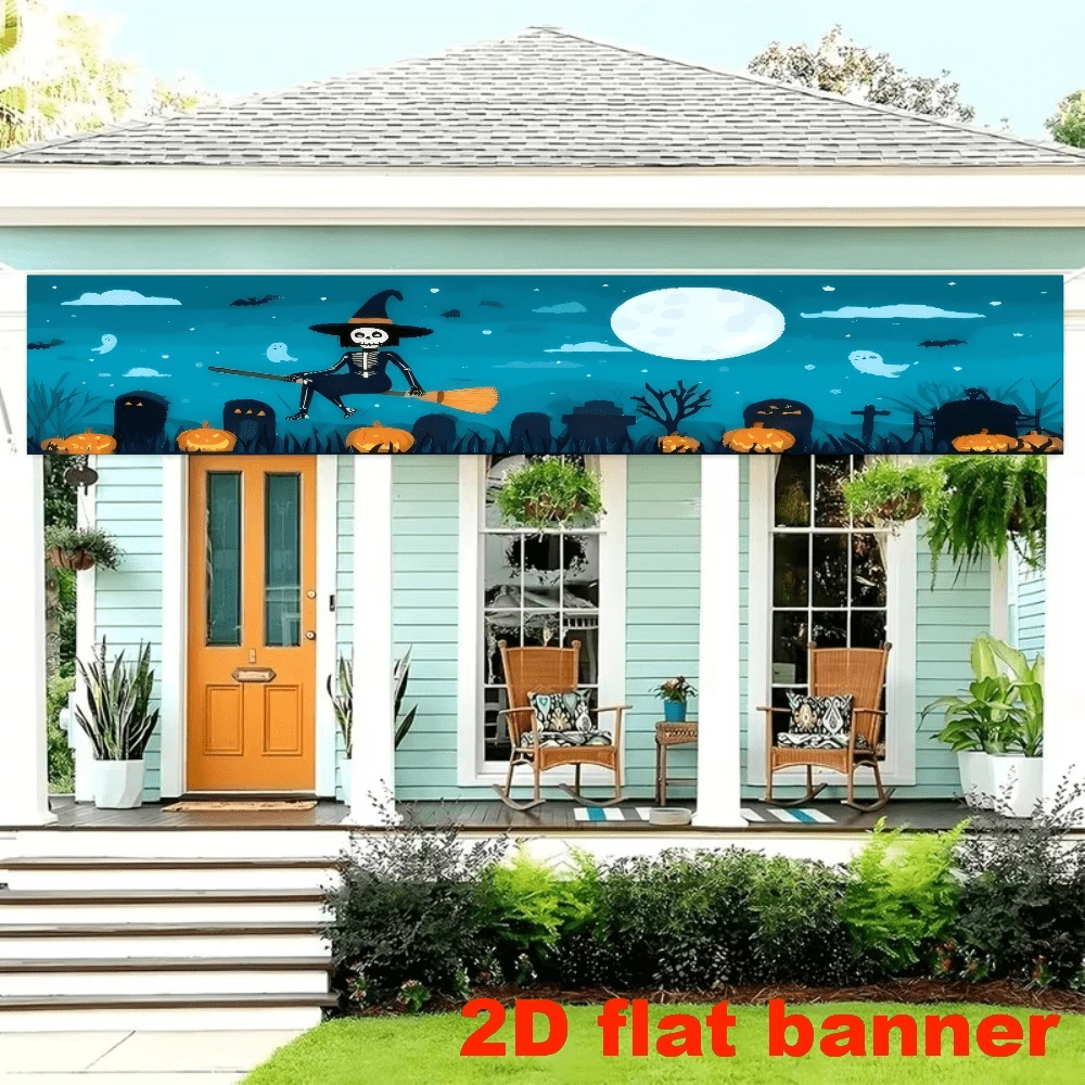 A 2D Flat 1-Piece Halloween-Themed Banner Background Featuring A Skeleton Witch Riding A Broomstick, Along With Patterns Of Pumpkins, Ghosts, A Full Moon, And A Cemetery. No Power Supply Required.