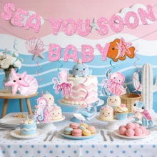 粉藍海洋主題嬰兒派對橫幅「SEA YOU SOON BABY」亮片字母搭配海洋生物，新生兒慶祝派對裝飾 - 彩色 - 查看 3