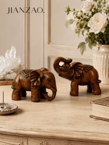 Set 2 Patung Gajah Keberuntungan Gaya Ukiran Kayu Thailand dari Resin, Dekorasi Kekayaan Feng Shui, Cocok untuk Pintu Masuk, Taman, Halaman, Hadiah Pindah Rumah - Gajah Kayu - View 4
