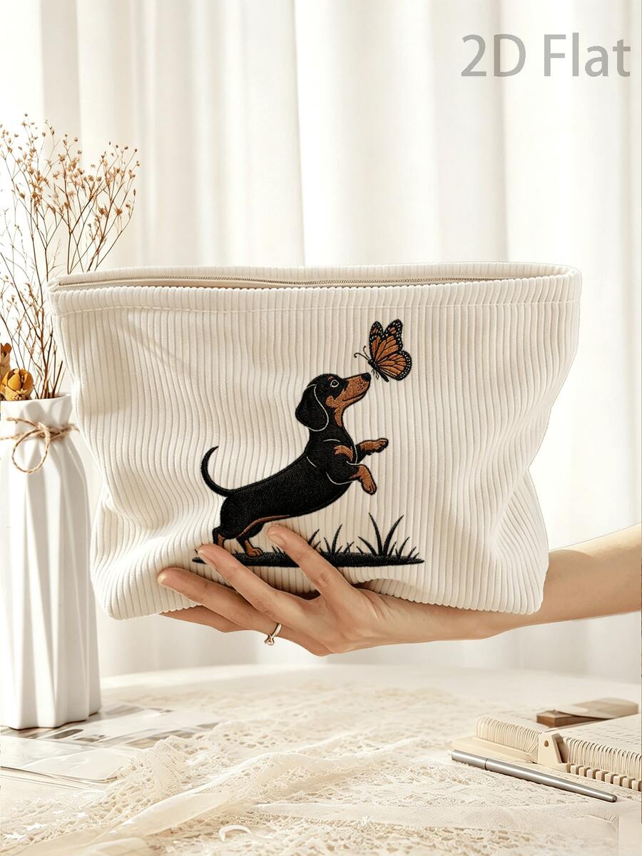 Cute Dachshund And Butterfly Makeup Bag (Faux Embroidery 2D) - Large Capacity Zipper Travel Makeup Organizer, Durable Fabric, Portable Daily Travel Makeup Bag, Suitable For Men And Women - Multicolor - View 1
