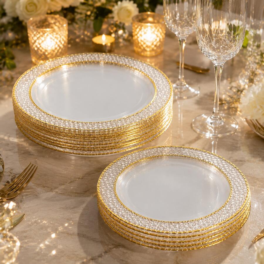 50/25/20/10pcs Transparent Gold Rim Plates/Trays Set, 7.5 Inch/10.25 Inch Reusable Plates, Food Trays, Fruit And Snack Platters, Dessert And Salad Plates, Cheese And Candy Trays, Multi-Purpose Tableware For Parties, Weddings, Birthdays, Picnics, Holiday Events, Easy To Clean And Durable, Suitable For Elegant Home And Event Table Settings. - View 1