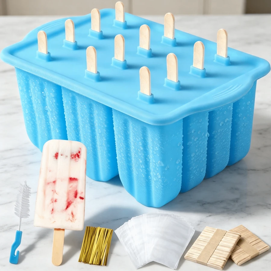 Flexible Silicone Ice Lolly Moulds, Freezer Popsicle Moulds For Making Homemade Ice Bars And Frozen Desserts. - Blue - View 1