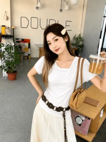 女款針織短袖純色上衣，不對稱百褶胸前設計，標準版型，光滑透氣，秋季時尚單品，白色夏季款 - 白色 - 查看 3