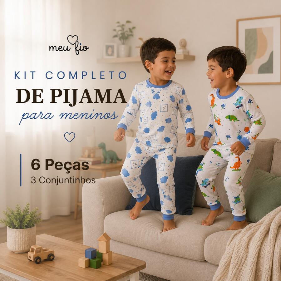 Kit 3 conjuntos de pijamas manga longa infantil total 6 peças para crianças meninos de 1 até 6 anos - Multicolorido - Visão 1
