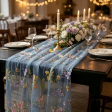 1/3件套刺繡蕾絲四方桌布 派對桌用 花卉花園風輕盈透視桌旗 四季通用 節慶餐桌裝飾 廚房使用 適合婚禮、生日、廚房裝飾 - 藍灰 - 查看 9