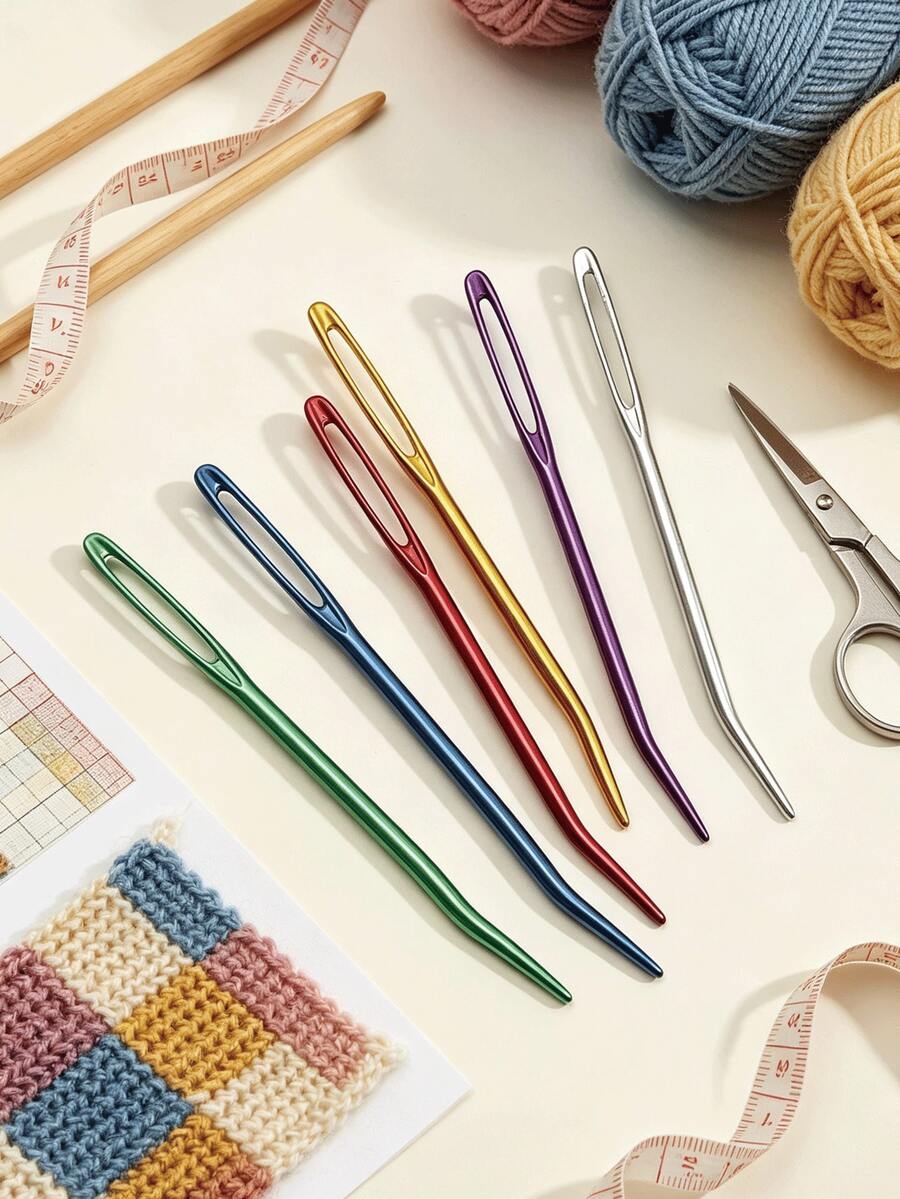 DIY Woven 6-Color Large Eye Aluminum Curved Needles, Set Of 6, Red Yellow Green Silver Purple Multi-Color, Smooth Rust-Proof, Curved Tip Design, Suitable For Sewing Yarn And Making Crochet Dolls, Essential Sewing Accessory For Hand Knitting - Large-eye Aluminum Bent Needle - View 1