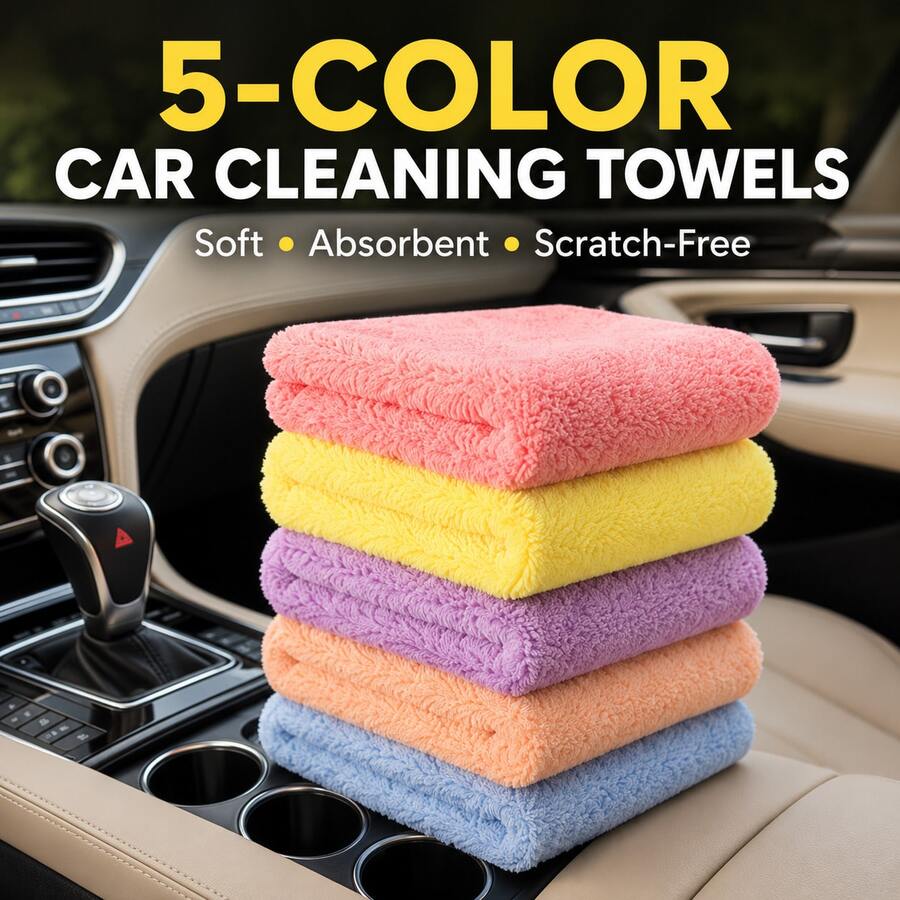 Carsun 5PCS Ultra Soft Microfiber Car Cleaning Towels, 5 Color Absorbent Detailing Cloths, No Lint Scratch Free Auto Care Towels For Interior Dashboard Glass - A - View 1