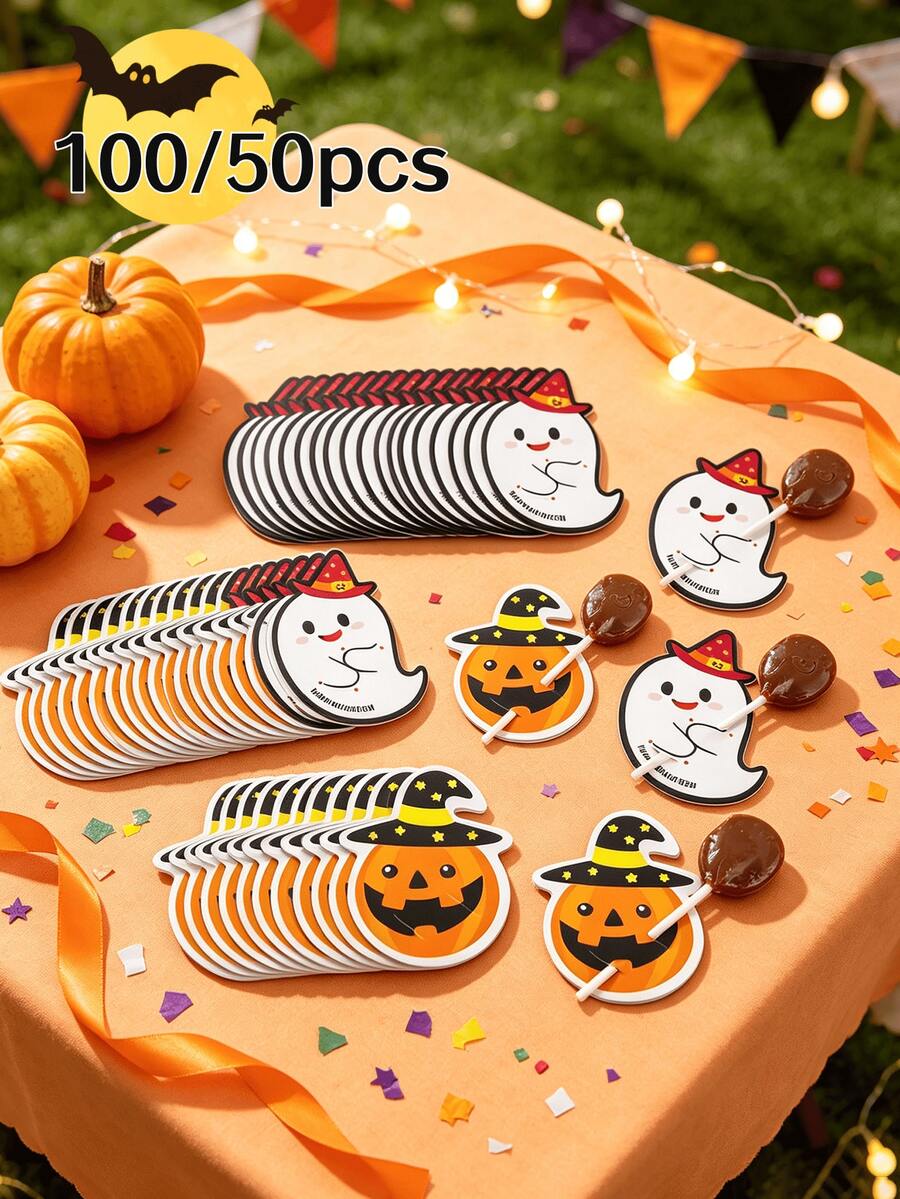 100/50pcs Halloween Lollipop/Candy Decorative Paper Cards - Creative DIY Pumpkin & Ghost Designs, Suitable For Halloween Party Gift Packaging And Decoration - Multicolor - View 1