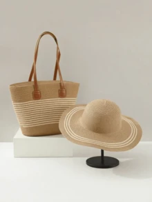Straw Hat + Straw Bag Set, Women's Casual Vacation Outfit, Includes Straw Handbag And Wide-Brim Straw Hat, New Straw Sun Hat And Straw Shoulder Bag, Beach Handbag, Suitable For Summer Outdoor Travel And Vacation - Beige - View 2