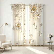 2 piezas Cortinas de lujo con estampado floral de champán, bolsillo para barra, elegantes cortinas de ventana con patrón 3D de flores & perlas, cortinas térmicas aislantes y oscurecedoras para sala de estar, dormitorio y decoración del hogar - Multicolor - Ver 6