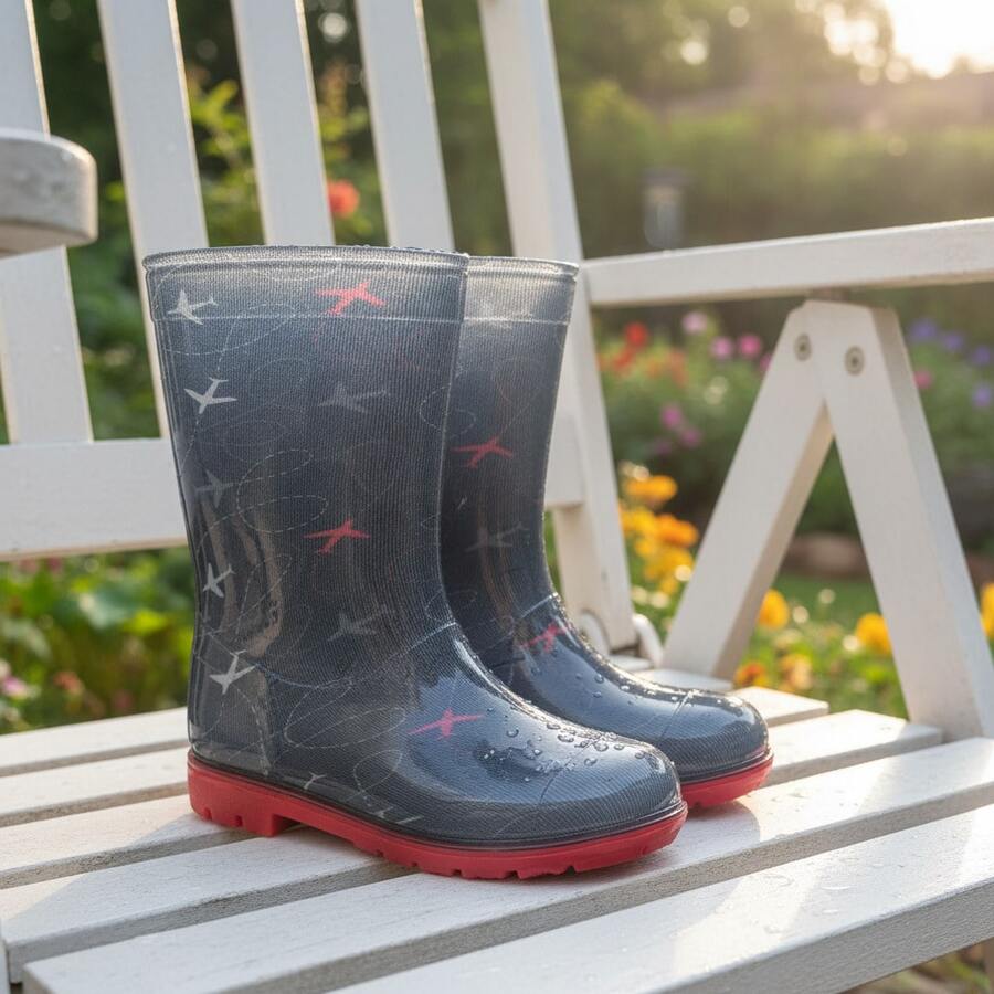 Bota de lluvia para niños, bota 1519 Aviones, aptas para dias lluviosos y soleados, facil de limpiar, flexible para uso comodo, material suave, ideal para actividades al aire libre. - Gris Claro - Ver 1