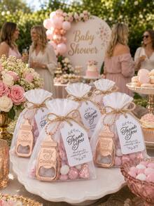 10 Sets Rose Gold Baby Bottle Shaped Bottle Opener Baby Shower Party Favor Set, Baby Shower Guest Gift, Metal Bottle Opener With Bead Chain Pendant + Thank You Card + White Organza Bag + Jute Rope, Suitable For Baby Shower, Full Moon Party, First Birthday Party, Gender Reveal Party, Baptism Party Thank You Gift Packaging Decoration - Rose Gold - View 2