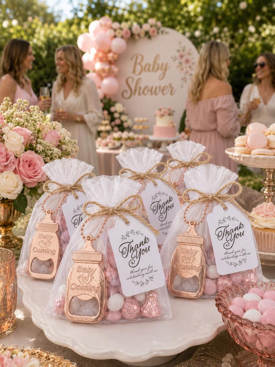 10 Sets Rose Gold Baby Bottle Shaped Bottle Opener Baby Shower Party Favor Set, Baby Shower Guest Gift, Metal Bottle Opener With Bead Chain Pendant + Thank You Card + White Organza Bag + Jute Rope, Suitable For Baby Shower, Full Moon Party, First Birthday Party, Gender Reveal Party, Baptism Party Thank You Gift Packaging Decoration