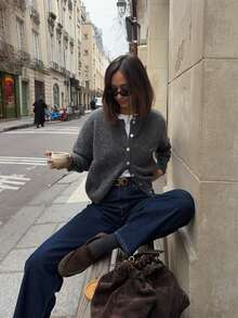 Fall Winter Women Sweaters Elegant Casual Y2K Grey Solid Button Front Crew Neck Long Sleeve Loose Cardigan Knit Outerwear Top Outfits - Grey - View 6