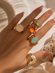Juego de 5 anillos de estilo vintage europeo y americano de lujo con adornos de strass, set de anillos anchos de metal asimétricos, joyería para mujer - Amarillo Oro - Ver 1