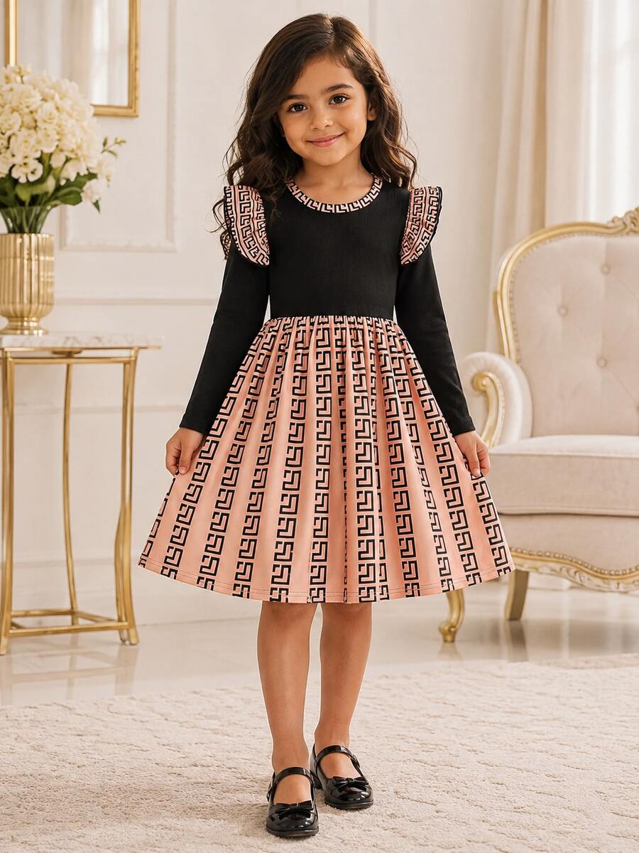 Vestido de niña de primavera/otoño con estampado geométrico retro, patchwork, volantes, mangas largas con volantes y cuello redondo, adecuado para salidas casuales diarias y actividades escolares - Negro - Ver 1