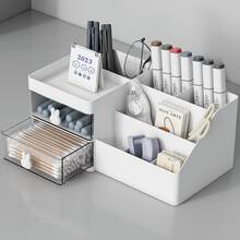 1pc White Desktop Makeup Organizer, Large Capacity Cosmetic Storage Box With Drawer And Brush Holder, Suitable For Vanity And Bathroom - Multicolor - View 1