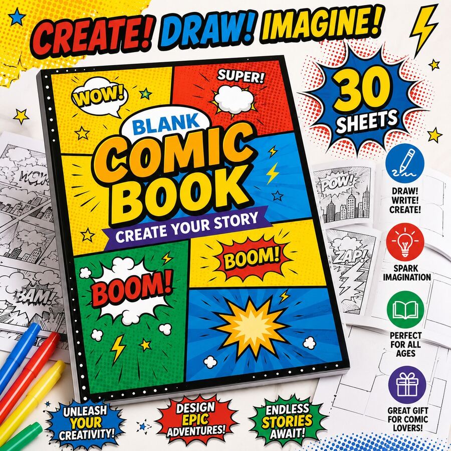 1pc 30-Page Blank Comic Book Sketchbook, DIY Manga Drawing Notebook With Multiple Panel Layouts, Speech Bubbles And Comic Explosion Designs, Classic Panel Style Art Journal, Suitable For Hand Drawing, Creative Writing And Gifting - One Size Fits All - View 1