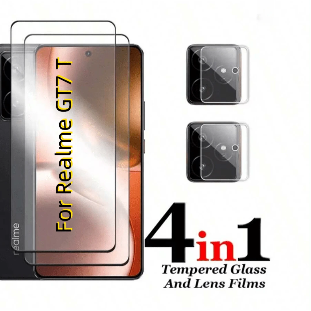 Set 2+2pcs Kompatibel dengan Realme GT 7 / GT 7T / GT 7 Pro / 15T Pelindung Layar Kaca Tempered Ultra Jernih Melengkung dengan Tepi Hitam Bercetak Sutra, Pelindung Lensa Kamera Ultra Jernih 3D, Bantalan Pelindung Cakupan Penuh, Pemasangan Mudah