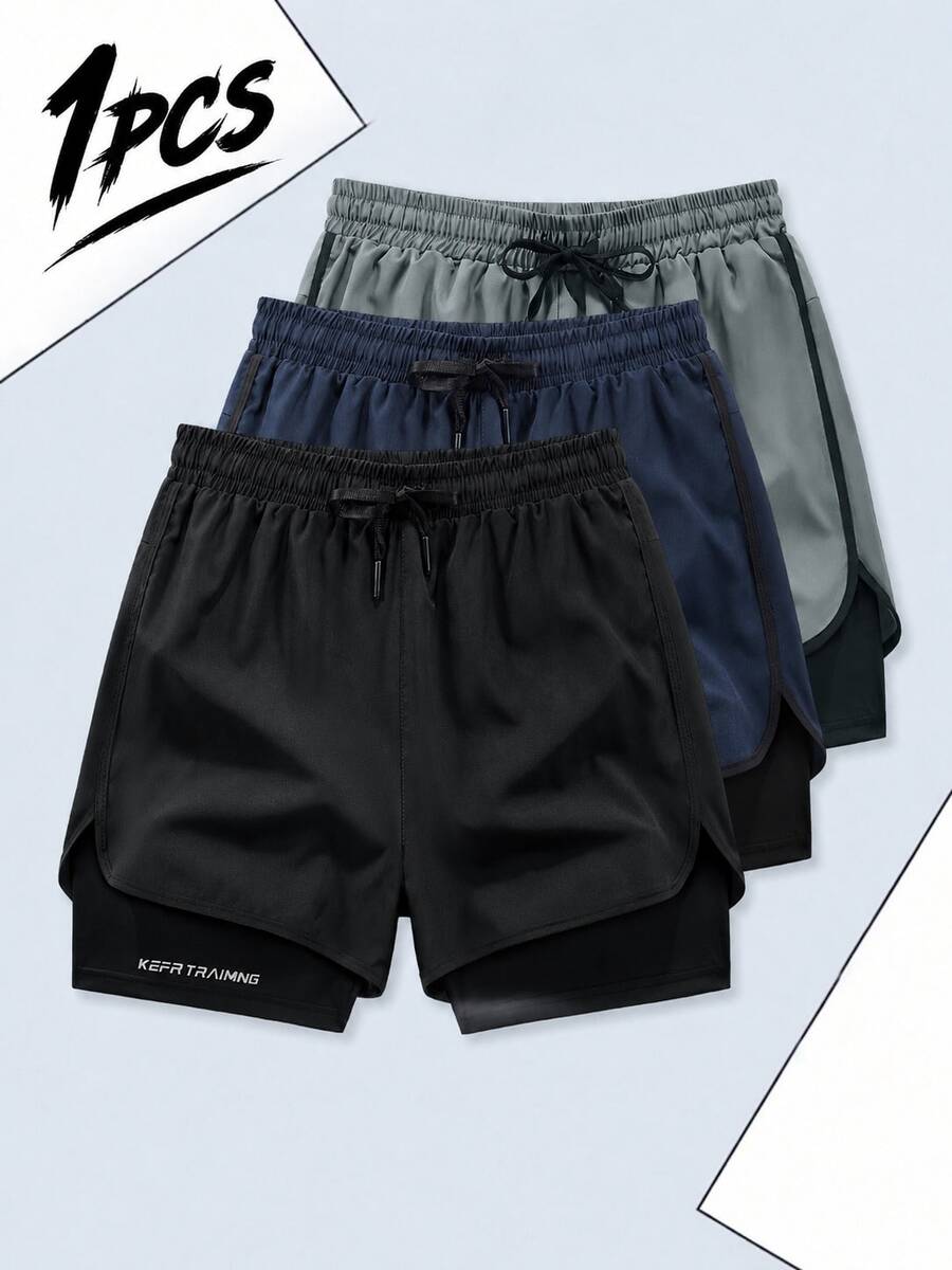 Herr 2-i-1 utomhus casual shorts för sommaren, justerbar dragsko i midjan, bekväma och andningsbara sportshorts - Svart - Visa 1