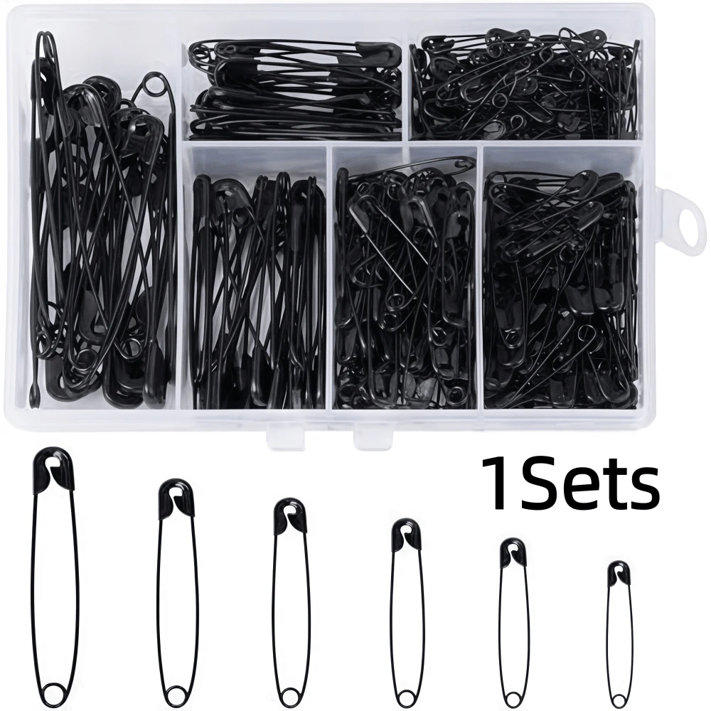 1 Set Box Of 250 Heavy Duty Safety Pins, 6 Different Sizes, Black & Silver Mixed, For Clothing And Garments