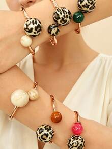 Leopard Print Resin Multicolor Fashion Double Ball Open Spring Gold Alloy Bracelet, Easy To Wear Personalized Decorative Bracelet, High Street Colorful Ball Ornament Clothing Accessory, Exquisite Stackable Accessory - Double Ball - View 9