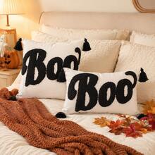 1/2 pezzi Federa cuscino Ognissanti con lettera "BOO" trapuntata, federa ricamata stile fattoria nero e avorio con angoli con nappine, cerniera nascosta, federa decorativa per feste Trick Or Treat (senza inserto) per soggiorno, divano, camera da letto, veranda esterna, decorazione autunnale - nero - Visualizzare 2
