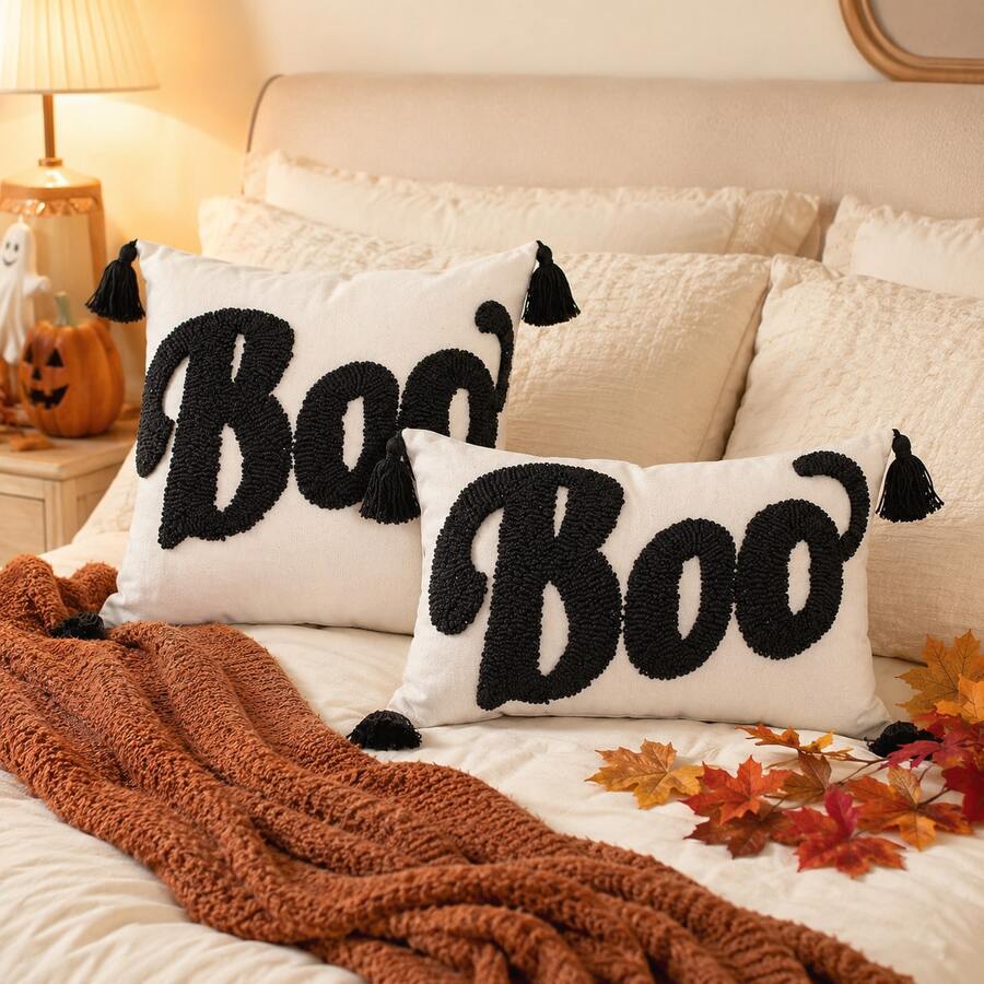 1/2 pezzi Federa cuscino Ognissanti con lettera "BOO" trapuntata, federa ricamata stile fattoria nero e avorio con angoli con nappine, cerniera nascosta, federa decorativa per feste Trick Or Treat (senza inserto) per soggiorno, divano, camera da letto, veranda esterna, decorazione autunnale