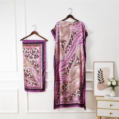1pc Lightweight Faux Silk Printed Robe With Scarf Set Women Beach Cover Up For Sun Protection And Daily Wear Summer Vacation Outfit