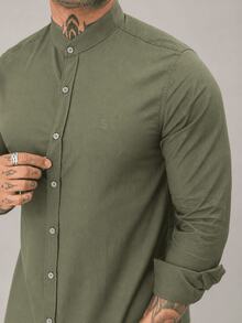 Men's Mandarin Collar Long Sleeve Shirt 100% Cotton - 軍綠色 - 查看 2