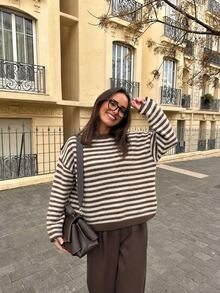 Top de punto de manga larga con cuello redondo y rayas de color contrastante para mujer, versátil para uso diario y casual en otoño - Blanco y marrón - Ver 7