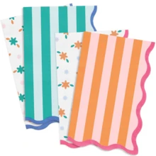 Colorful Vertical Stripe & Floral Disposable Napkins | Wavy Scalloped Edge, Fresh Contrast Print | Picnic BBQ, Bridal Shower & Holiday Table Setting Essential - Blue - View 1