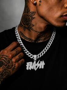 European & American Hip Hop Graffiti FLASH Letter Full Rhinestone Pendant Cuban Chain Men's Heavy Work Rhinestone Thick Chain Necklace Rap Street Fashion Accessory Gold & Silver Two Colors Optional - FLASH - View 1
