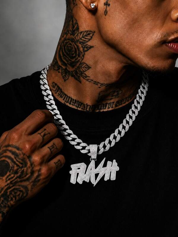 European & American Hip Hop Graffiti FLASH Letter Full Rhinestone Pendant Cuban Chain Men's Heavy Work Rhinestone Thick Chain Necklace Rap Street Fashion Accessory Gold & Silver Two Colors Optional