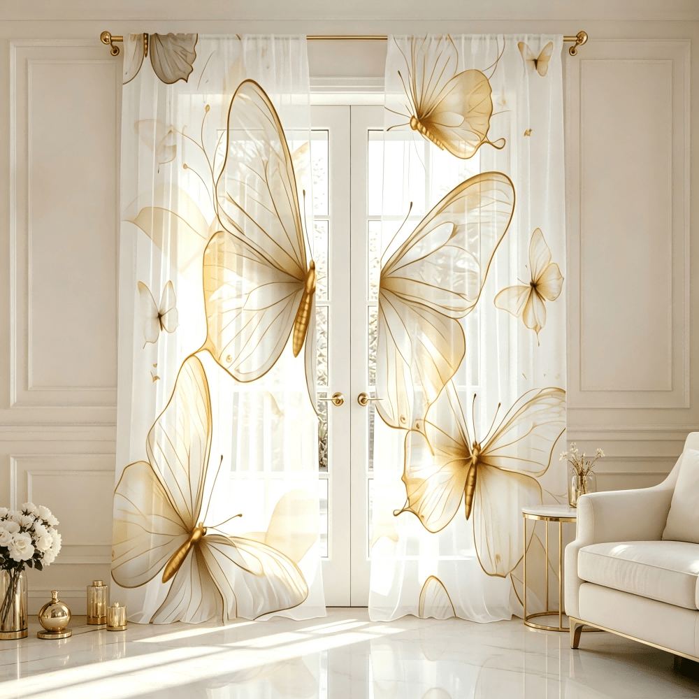 2pcs Golden Butterfly Print Sheer Curtains, Rod Pocket,Elegant Luxury Insect Pattern Light Filtering Voile Window Panels For Living Room Bedroom Patio Door Home Decor