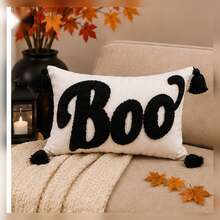 1/2 pezzi Federa cuscino Ognissanti con lettera "BOO" trapuntata, federa ricamata stile fattoria nero e avorio con angoli con nappine, cerniera nascosta, federa decorativa per feste Trick Or Treat (senza inserto) per soggiorno, divano, camera da letto, veranda esterna, decorazione autunnale - nero - Visualizzare 12