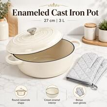 Round Enamel Cast Iron Casserole With Lid And Gloves, 27cm Covered Pot For Soup, Stew And Family Dining - View 4