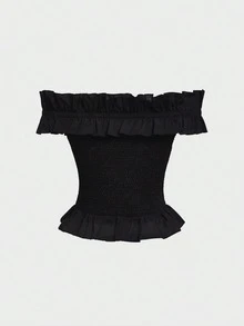 Women's Off-Shoulder Ruched Bandeau Top, Strapless Ruffle Hem Blouse, Elastic Waist Slim Fit Summer Cropped Top, Suitable For Vacation And Date Night - Black - View 8