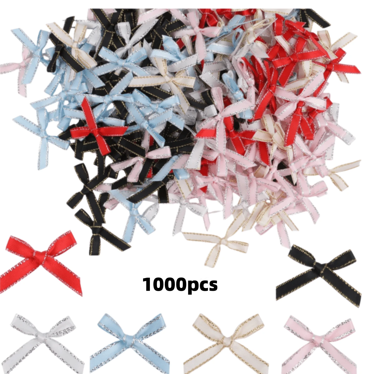 1000Pcs 1.7x0.9inch Metallic Gold Edge Mini Ribbon Bows-Gold & Silver Edged Polyester Bow Tie Ribbons For Hair Clip Accessories Holiday Packing Decor Christmas Halloweeen Wedding Decoration - Bow - View 1