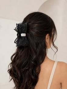 1pc Women's Oversized Bow Hair Claw Clip, Black/Grey Tulle Layered Bow Hair Clip With Rhinestone Center, Strong Grip, Suitable For Updo Hairstyles, Daily Wear, Wedding, Party, Date, Summer Outings, Also As Holiday Gift - Multicolor - View 3