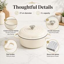 Round Enamel Cast Iron Casserole With Lid And Gloves, 27cm Covered Pot For Soup, Stew And Family Dining - View 5