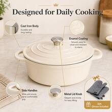 29cm 5L 橢圓形鑄鐵荷蘭鍋附蓋，琺瑯塗層烹飪鍋附手套，適用燉煮、慢燉與上菜 - 查看 5