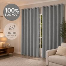 Cortina Blackout 100% Corta Luz Total Linho Premium com Ilhós Cromado | Sala, Quarto e Home Theater - Cinza - Visão 1